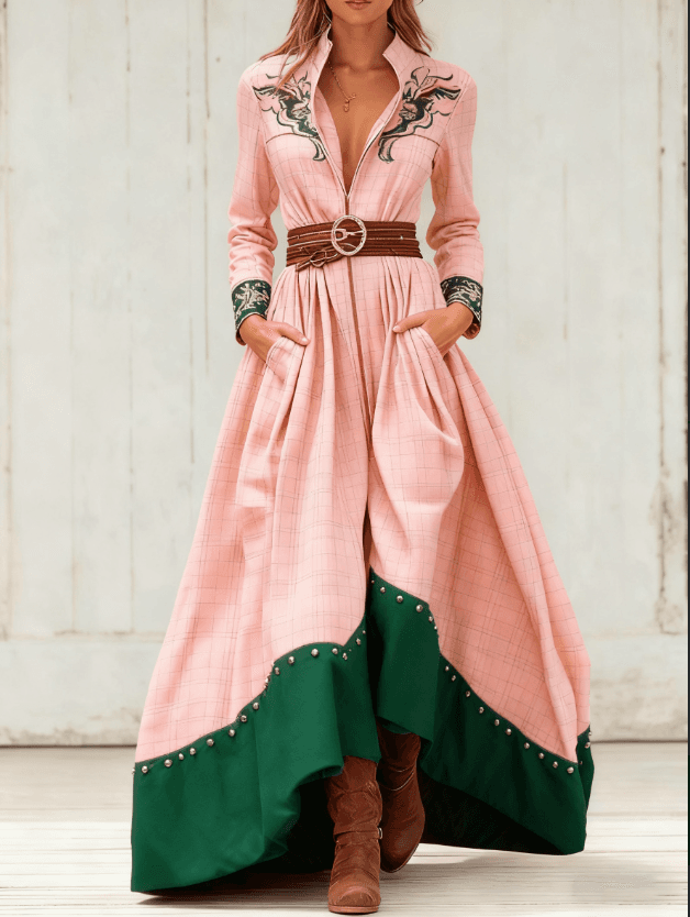 Casual Retro Color-blocked Waist-cinching Long Dress