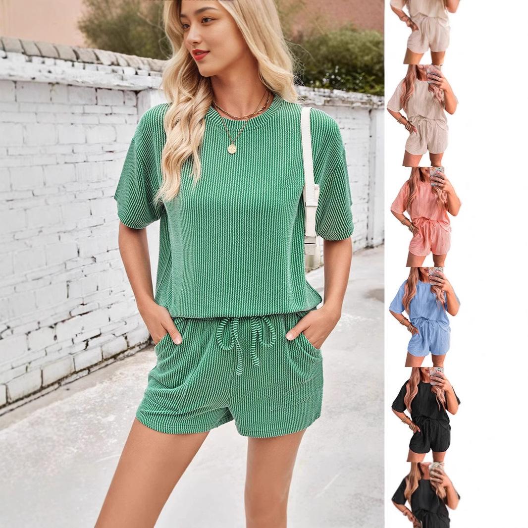 Short-sleeved Wavy Round Neck Top Elastic Waist Shorts Two-piece Set