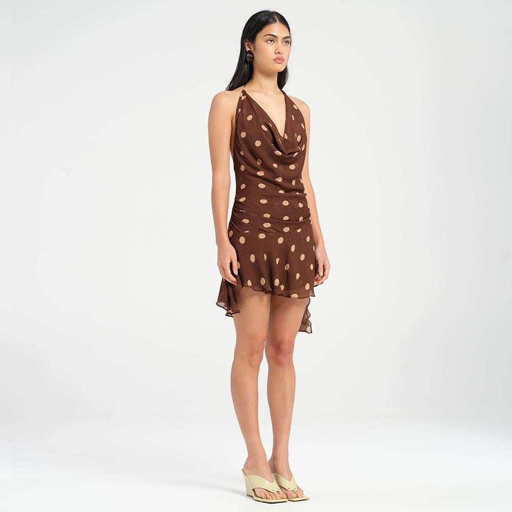 Polka Dot Chiffon Dress Sexy Halter Deep V Split