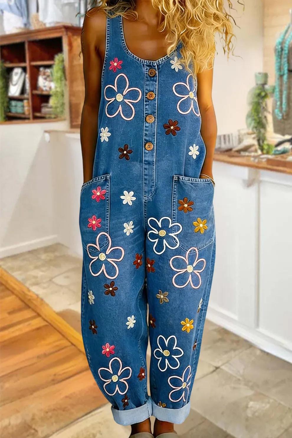 Retro-style Fashionable Wide-leg Faux Denim Overalls