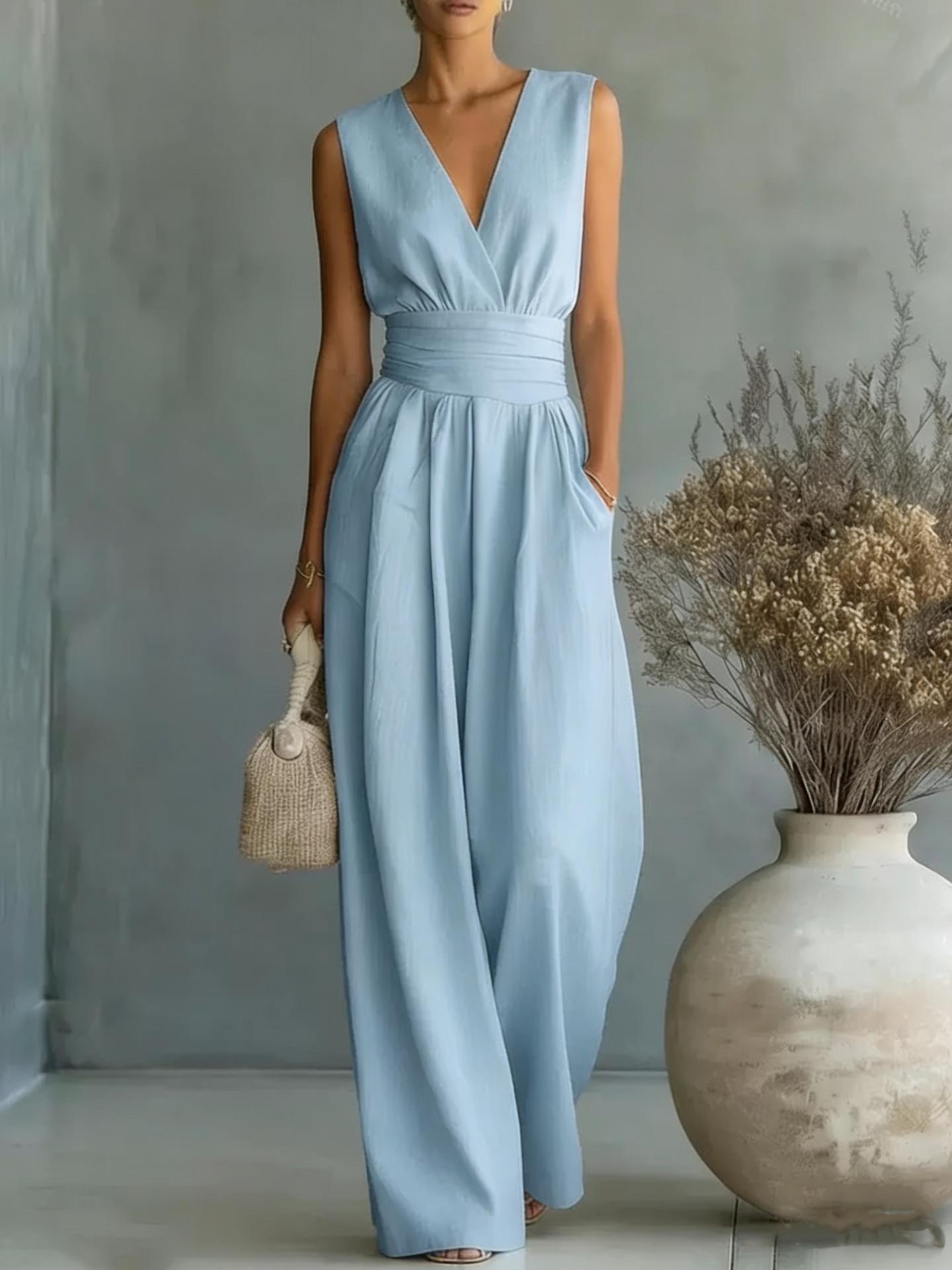 Womens Elegant Sleeveless Waist-Cinching V-Neck Sophisticated Jumpsuit