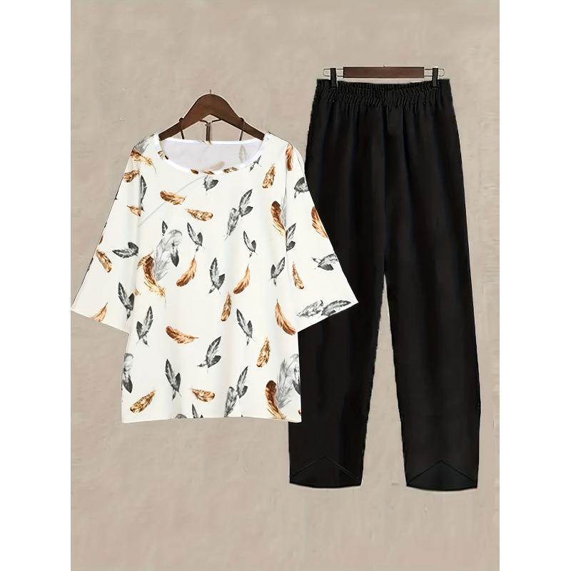 Womens Fashionable Printed Relaxed-fit Short-sleeve Set