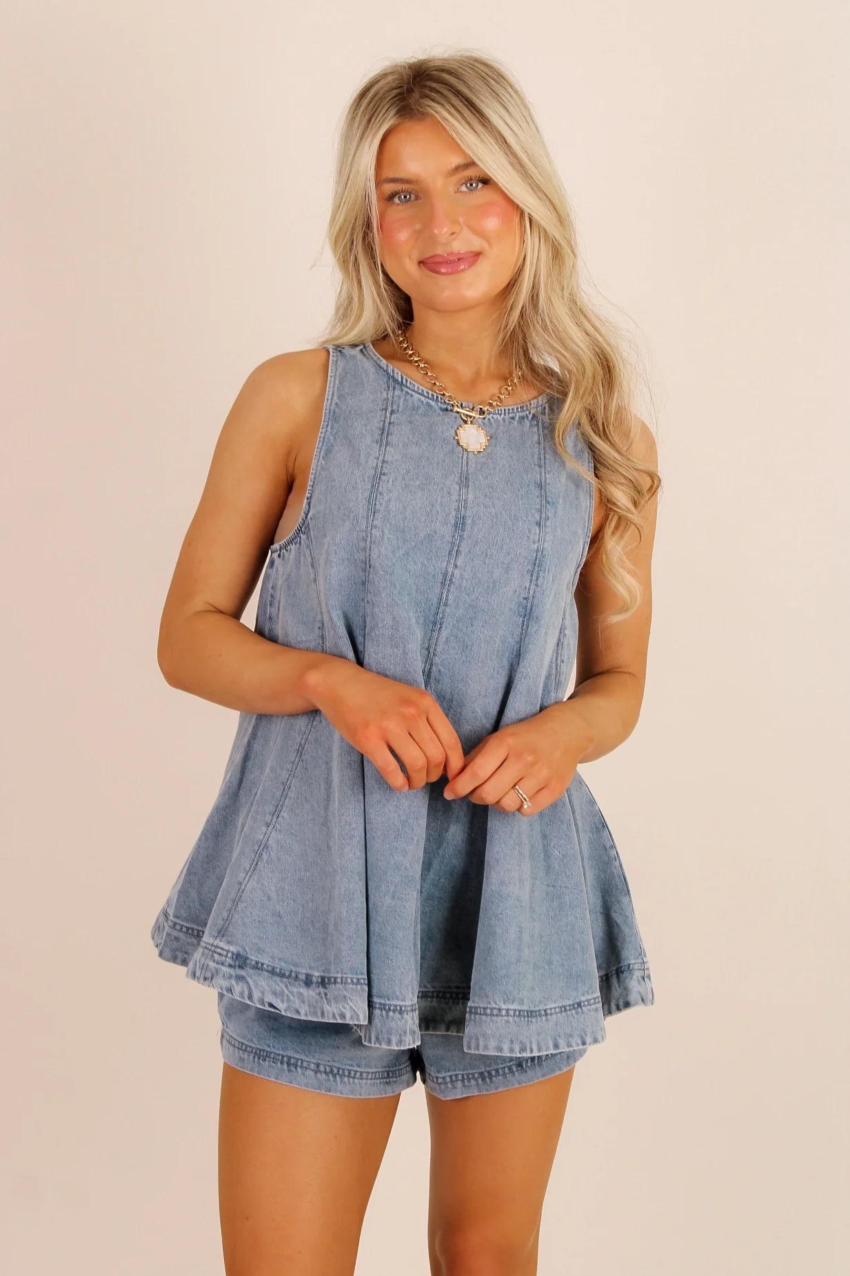 Sleeveless Waist-cinching Tank Top And High-waisted Denim Shorts Set
