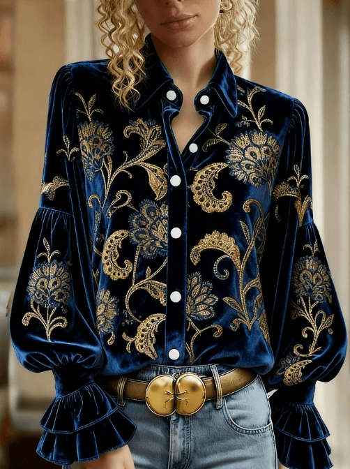Casual Stand-up Collar Floral Print Puff Sleeve Long-sleeved Shirt