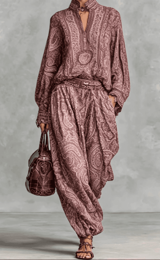 Paisley Print Loose Blouse And  Harem Pants Set