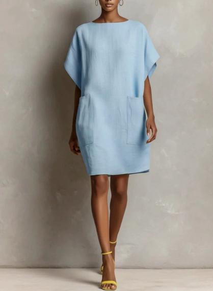 Womens Loose-Fitting Boatneck Dress With Batwing Sleeves And Large Pockets