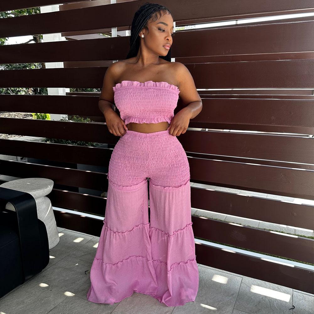 Smocking Wooden Ear Stitching Strapless Pants Two-piece Suit