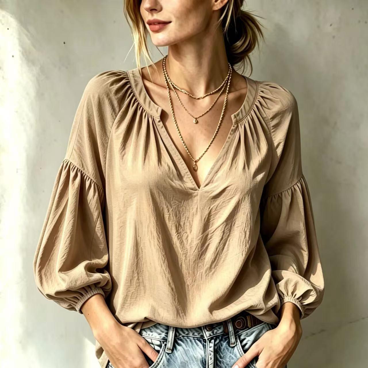 Womens Casual V-neck Pleated Loose-fit Long-sleeve