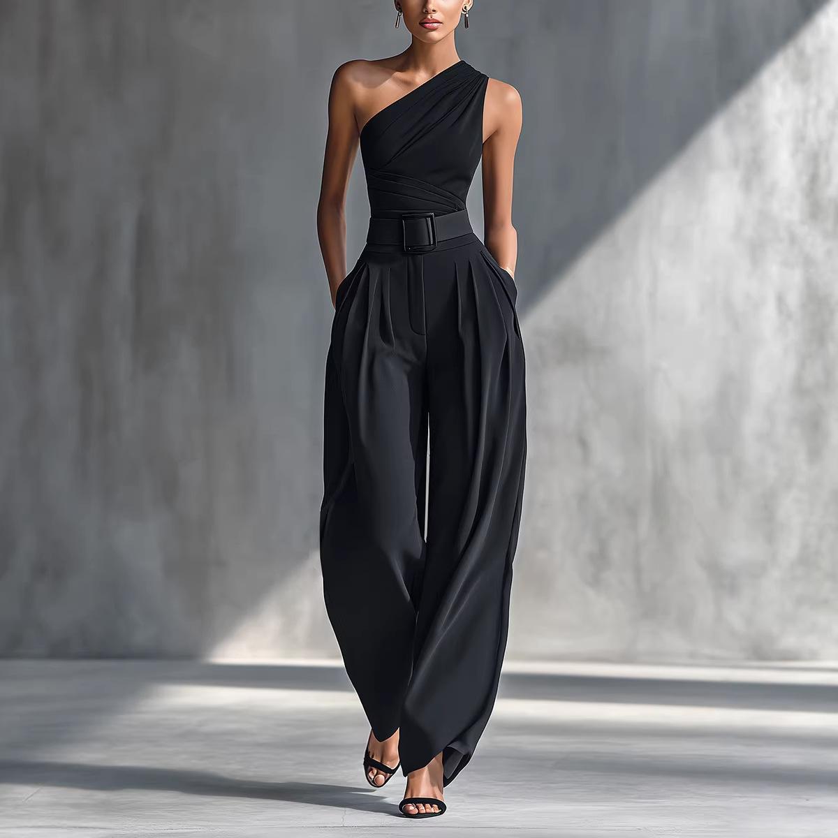 Tight-fitting Stretch Top And Wide-leg Pants Set