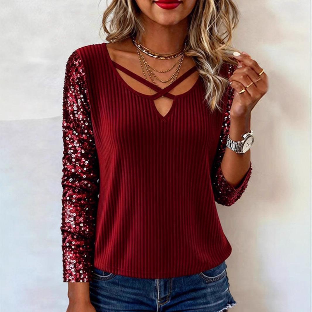 Womens Fashion Sequin V Neck Long Sleeve Top