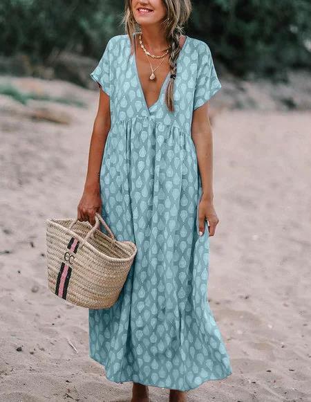 Female Water Drop Printed V-neck Wide Hem Loose Dress