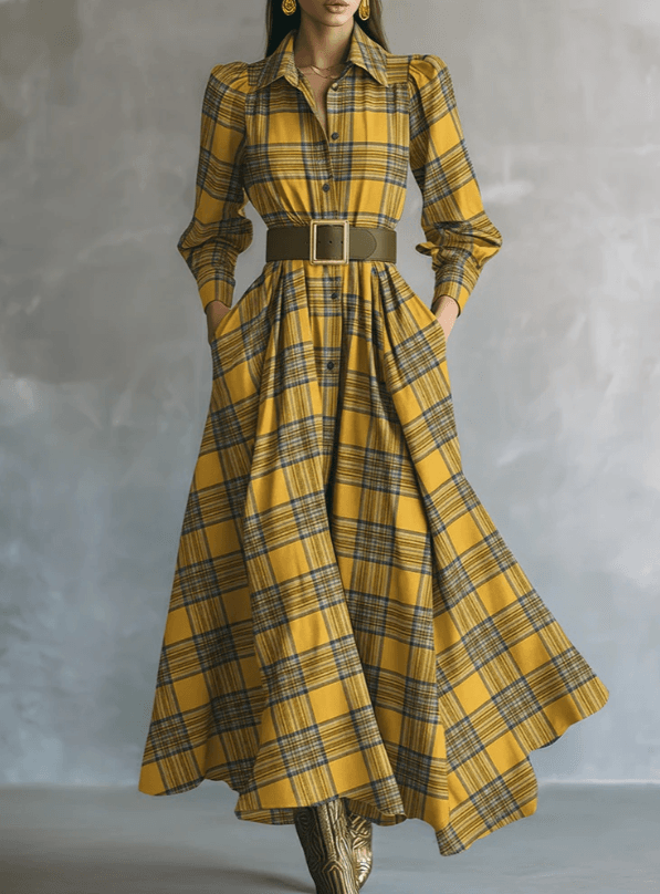 Plaid Shirt Collar Fitted Waist Casual Long Sleeve Dress