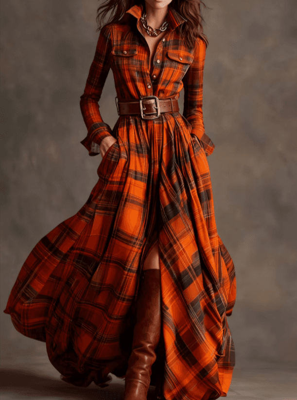Large Size Women's Clothing French Retro Grid Slim Irregular Dress