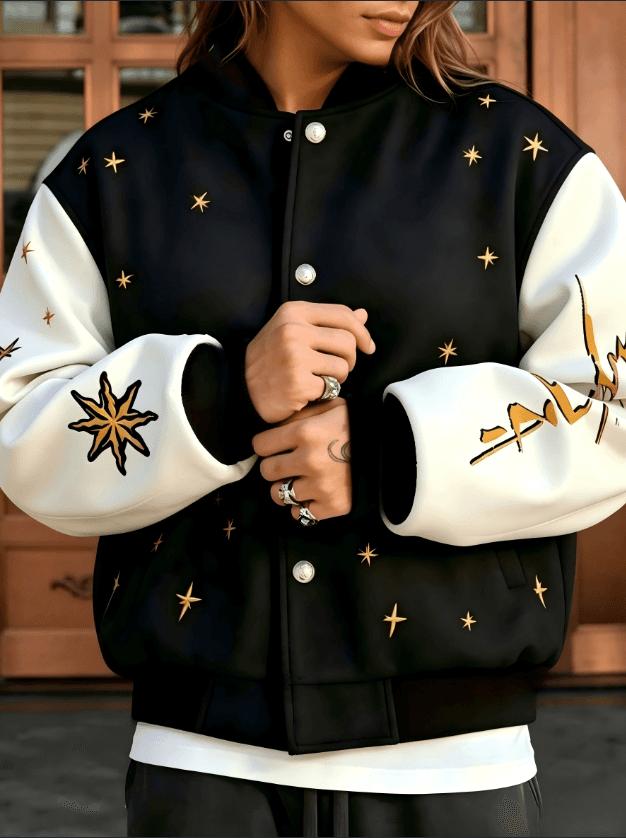 Color Block Star Embroidered Baseball Collar Button Down Varsity Jacket