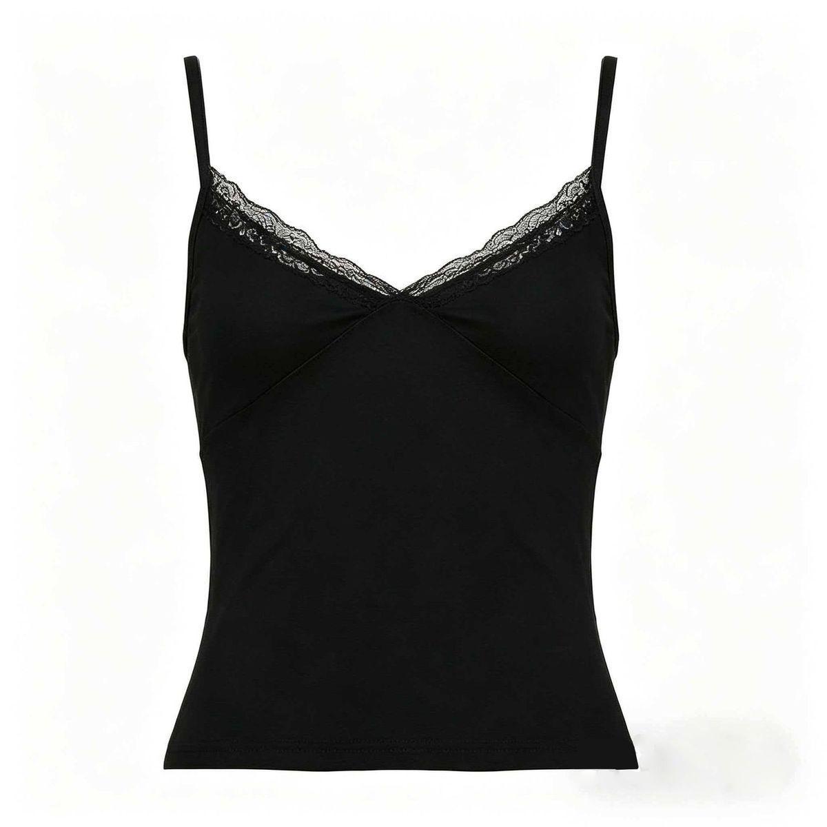 Simple Lace-trimmed V-neck Strap Solid-color Outerwear Short Top For Women