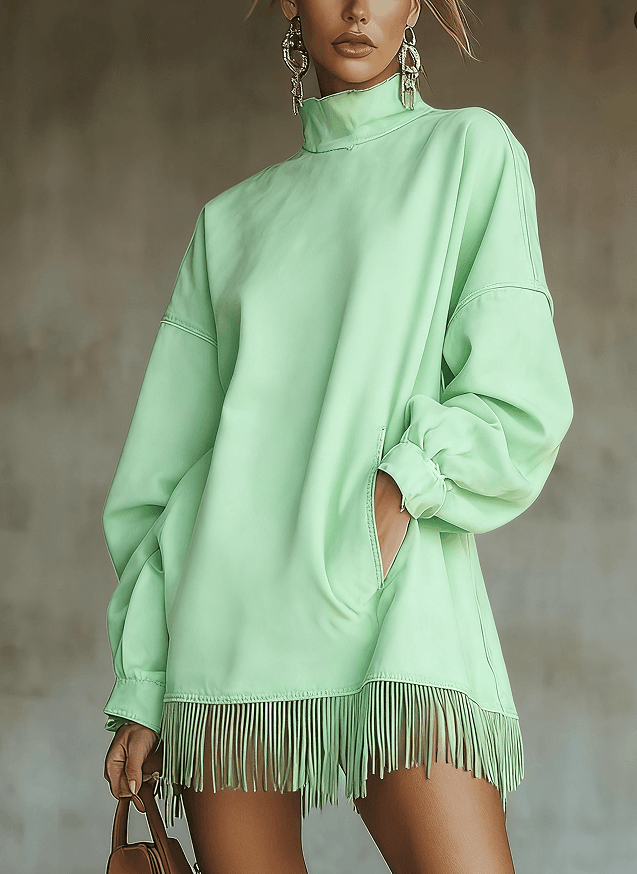 Loose Pocket Tassel Long-Sleeve Suede Dress