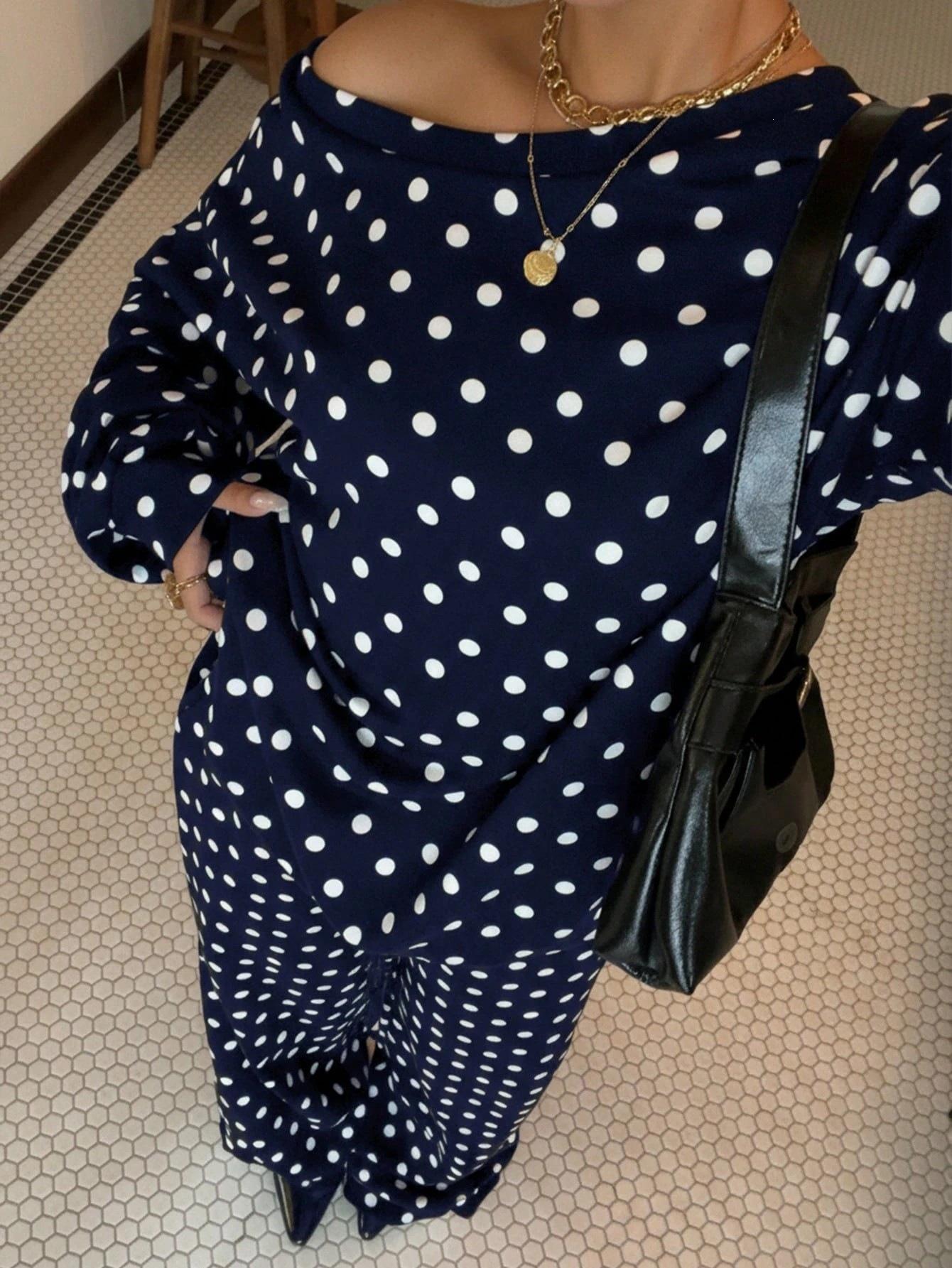 Polka-dot Print Long-sleeve Pants Casual Loose-fitting Set