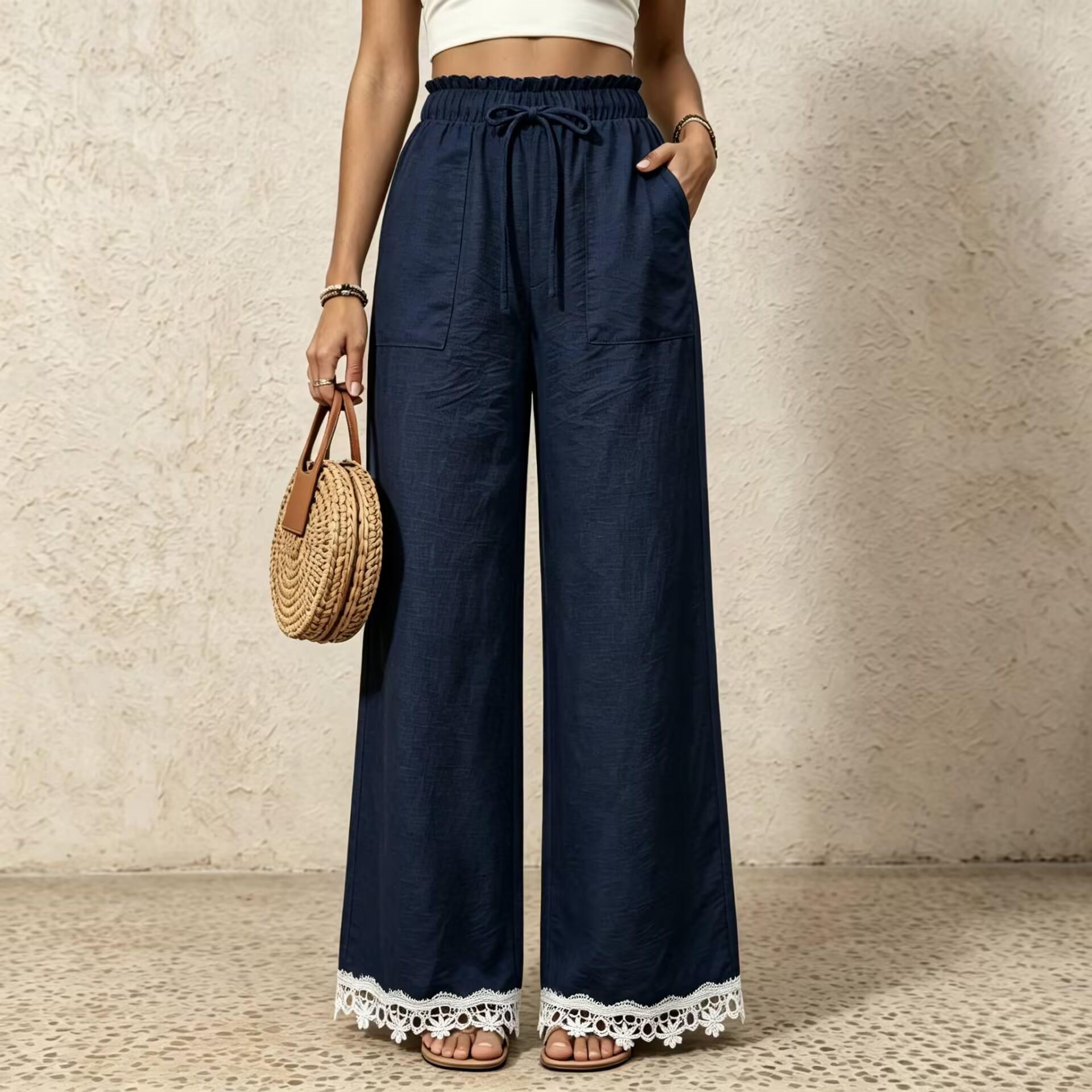 Womens New Lace-trimmed Loose-fit Wide-leg Casual High-waist Straight-leg Trousers