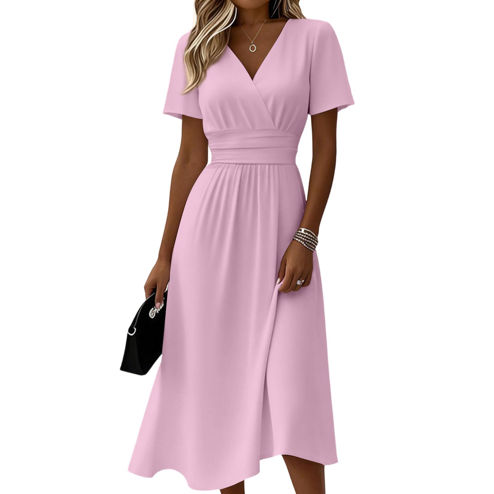 Womens Solid-Color Casual Short-Sleeve V-Neck Dress