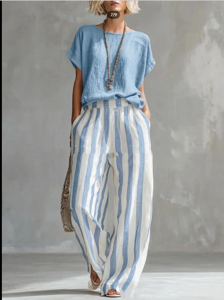 Short-sleeved Trousers Suit Summer Fashion Round Neck Pullover T-Shirt And Striped Print Straight Leg Pants Two-Piece Clothing For Women