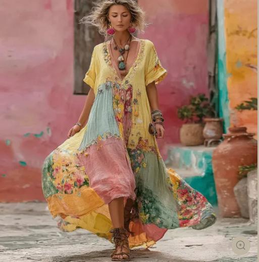 Women's Floral Embroidery Patchwork Art V-Neck Long Dress