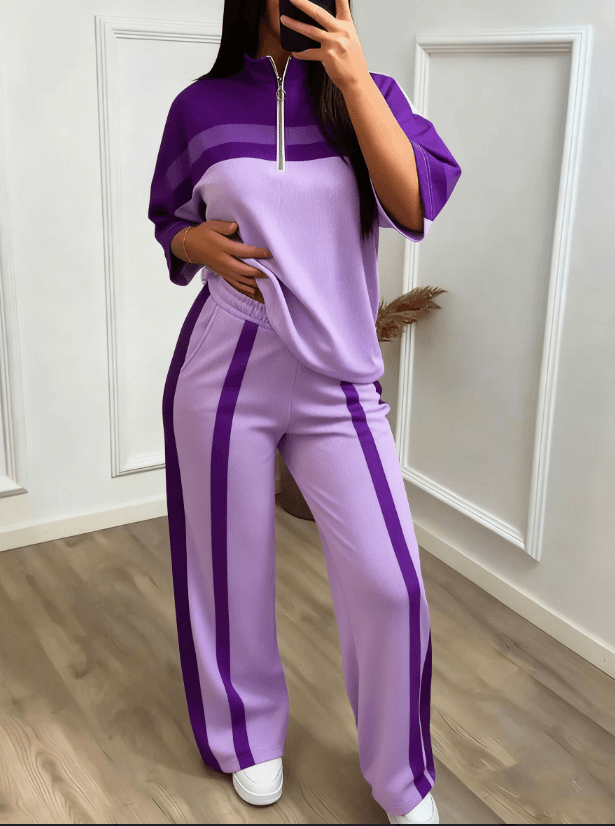 Color-block Stand-collar Short-sleeve Wide-leg Pants Two-piece Set