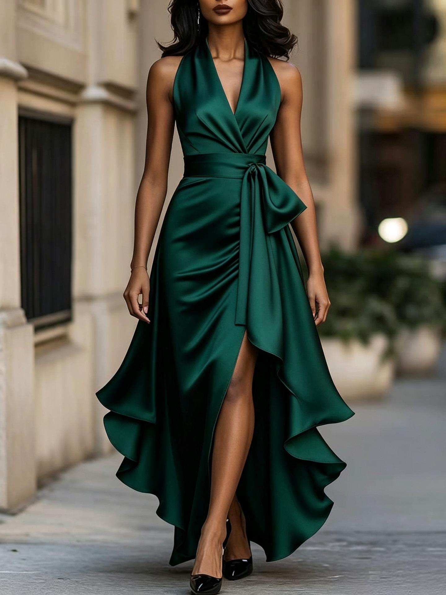 Elegant Deep V-neck Irregular Women's Ruffled Ruffled Evening Dress Gowns Solid Color Lace-up High Waist Satin Party Dresses Wedding Guests Dress