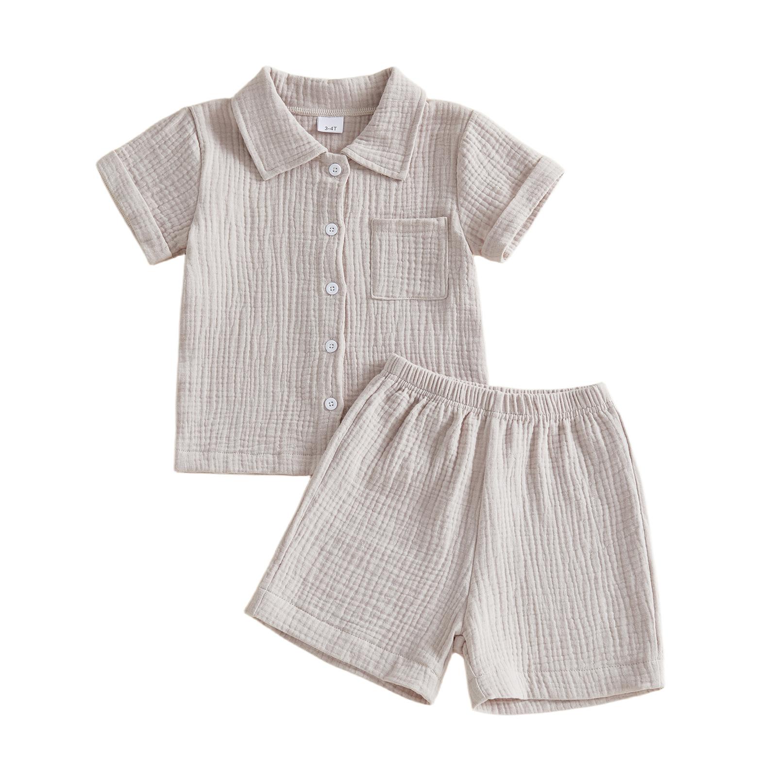 Wrinkled Fabric Casual Short-sleeve Lapel-collar Shirt And Shorts Set