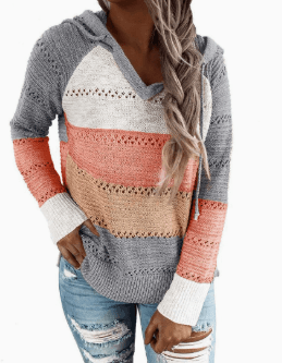 Color Blocking Hollowed Out Striped Hooded Knitted Long Sleeved Top