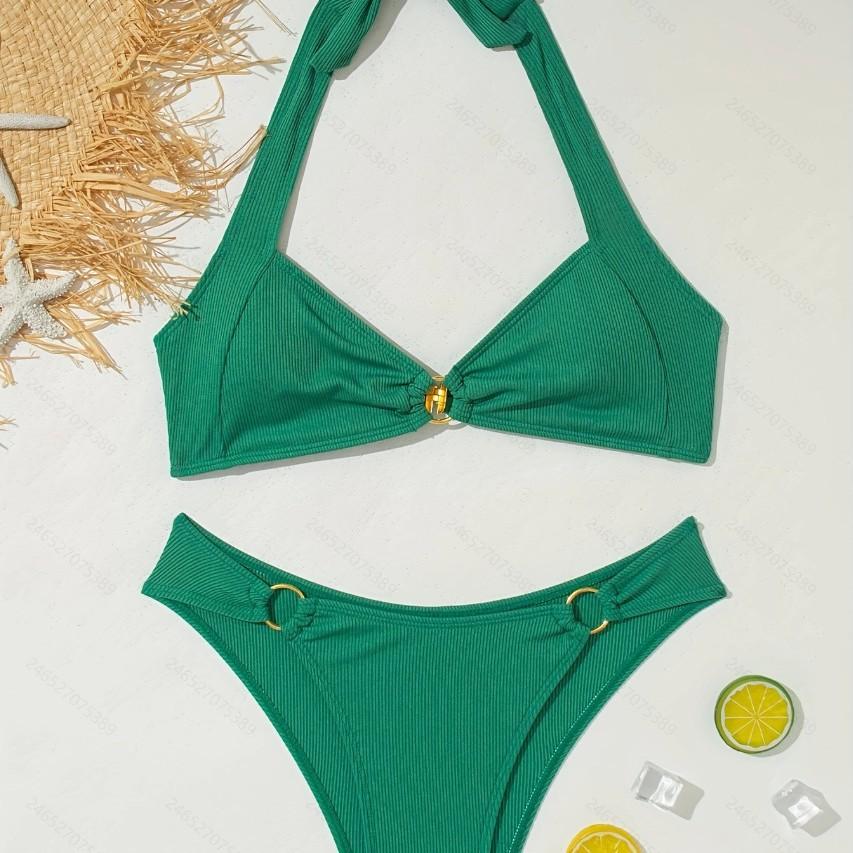 Contrast-color Crossover Halter Top And Bikini Shorts
