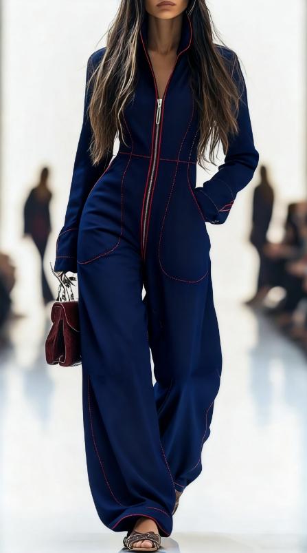 Zippered Long-sleeved Casual Wide-leg Jumpsuit