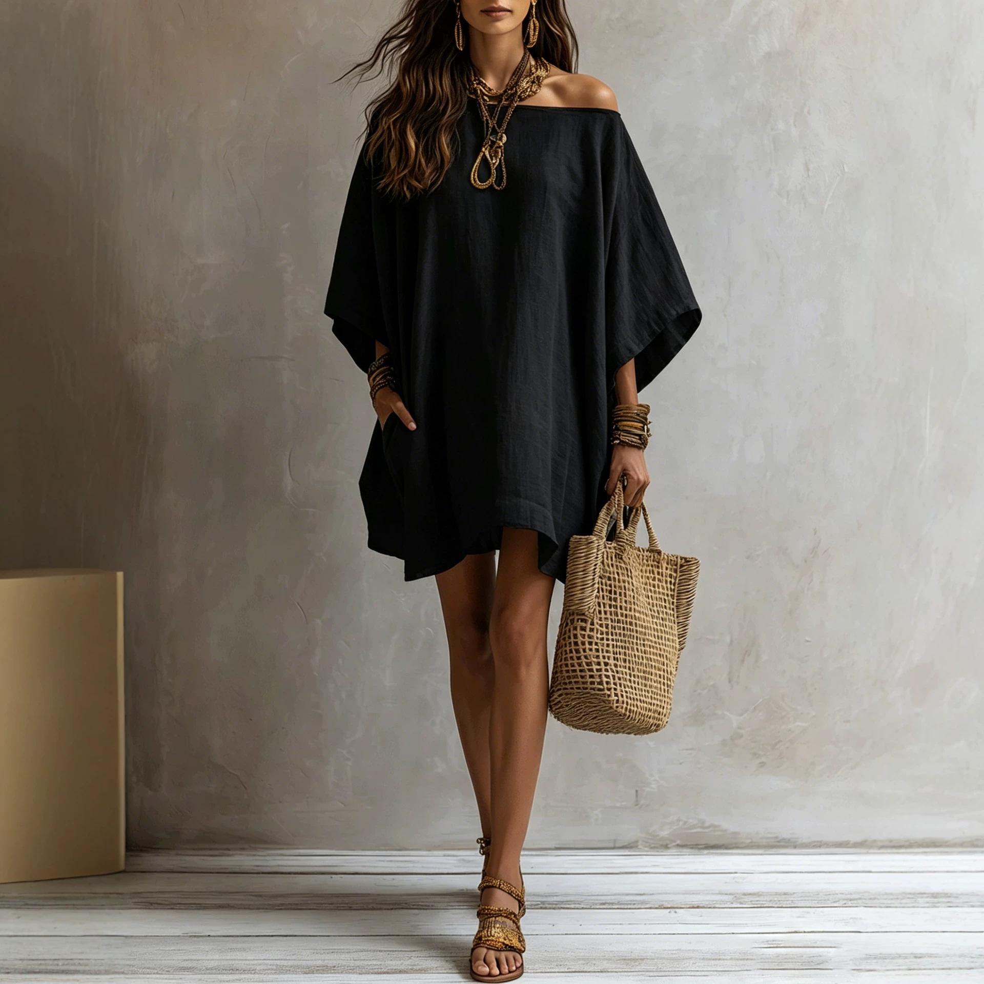 Off-shoulder Loose-fitting Batwing-sleeve Dress For Women