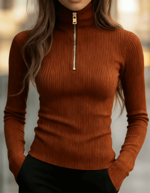 Women's American Retro Half-Zip High Neck Slim Fit Long Sleeve Knit Top