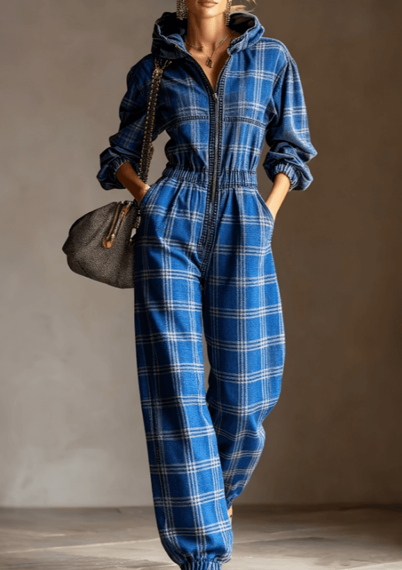 Vintage Plaid Hooded Waist-cinched Jumpsuit, Casual Loose  Long-sleeved Jumpsuit