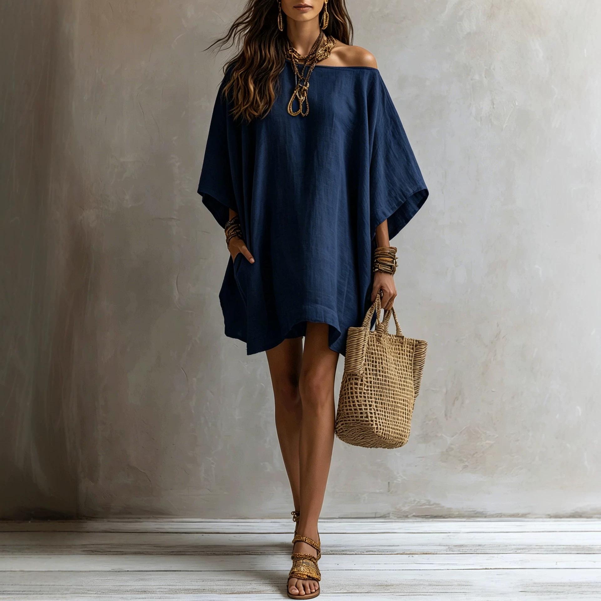 Off-shoulder Loose-fitting Batwing-sleeve Dress For Women