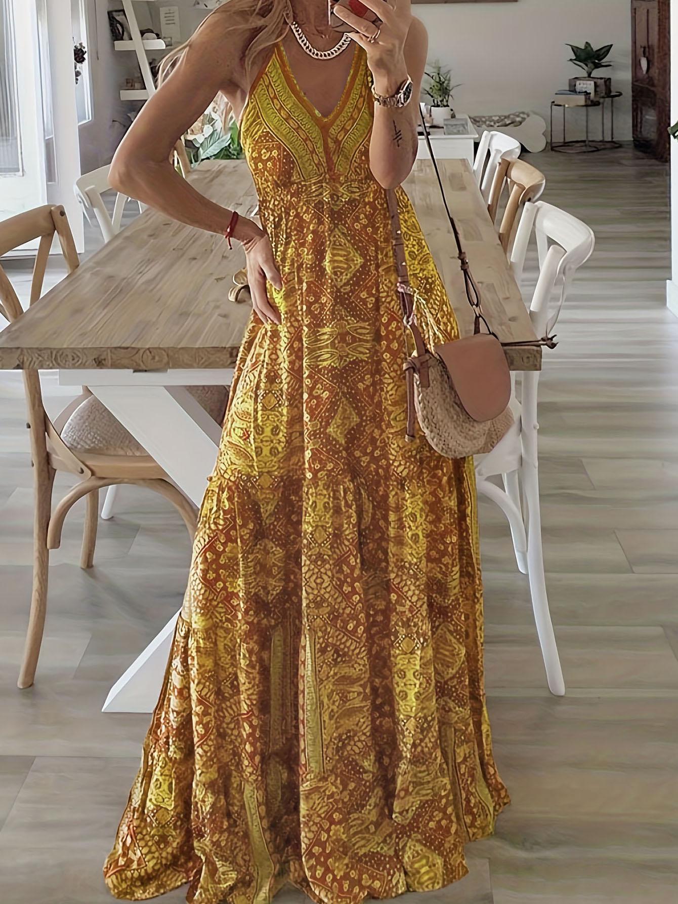 Plus Size Women's Boho Floral Print Spaghetti Strap Maxi Dress, High Waist V Neck Bohemian Long Dress