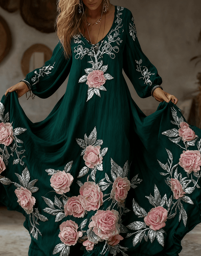 Women's Vintage Pink Floral Embroidery Art Comfy Linen Maxi Dress