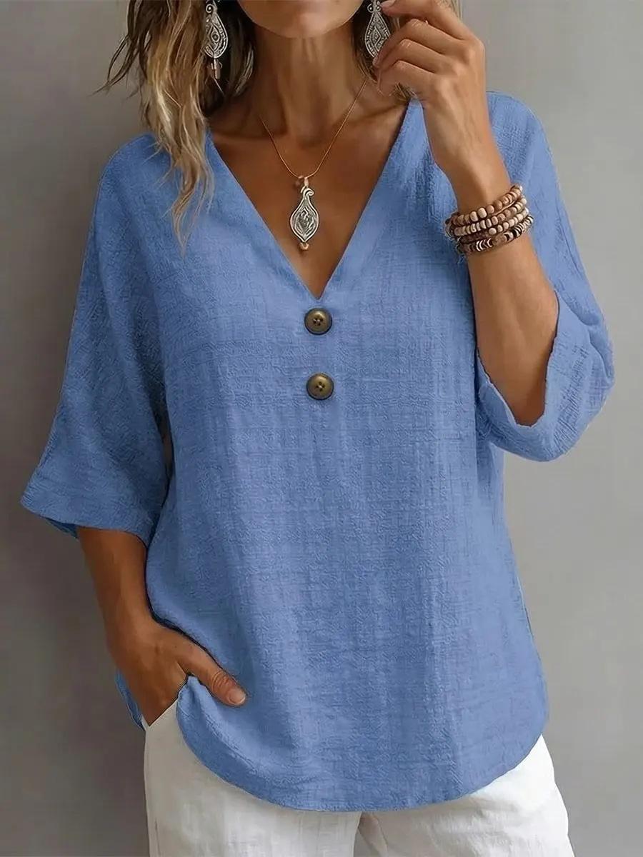 V-neck Button-up Loose-fitting Top For Women