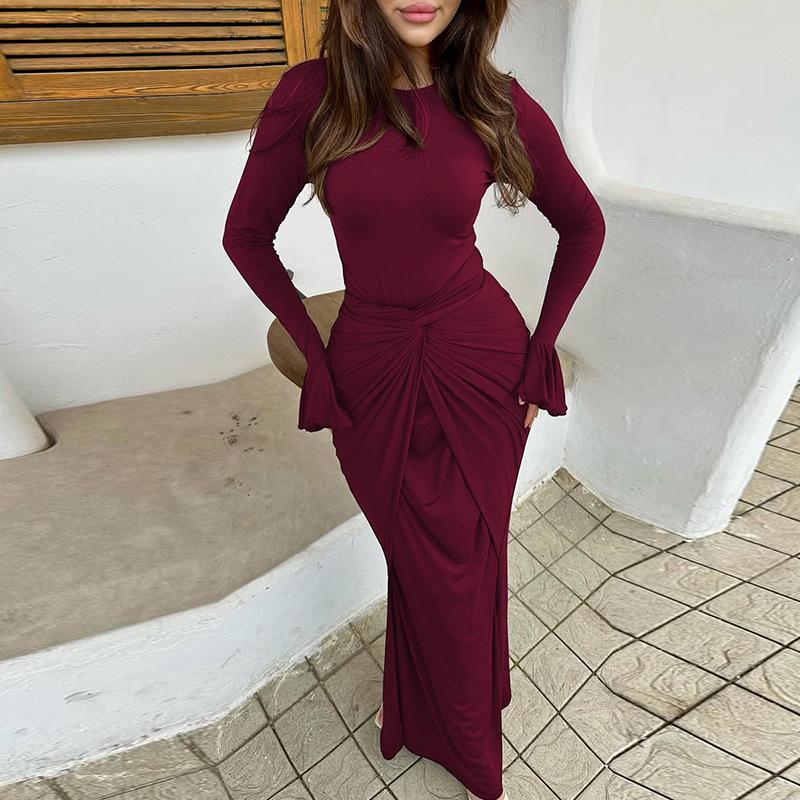 Temperament Waist-controlled Lace-up Round-neck Long-sleeved Dress