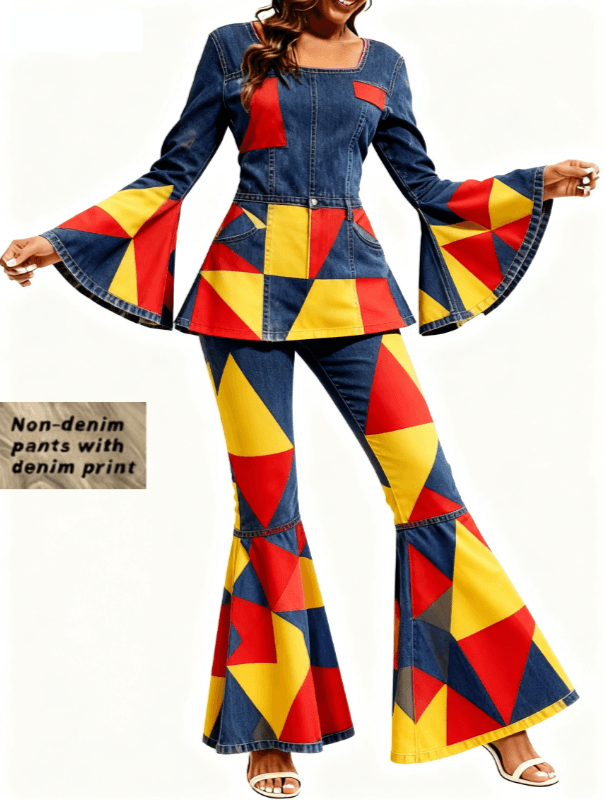 Women's Denim Print Flared Sleeve Slim Waist Casual Suit