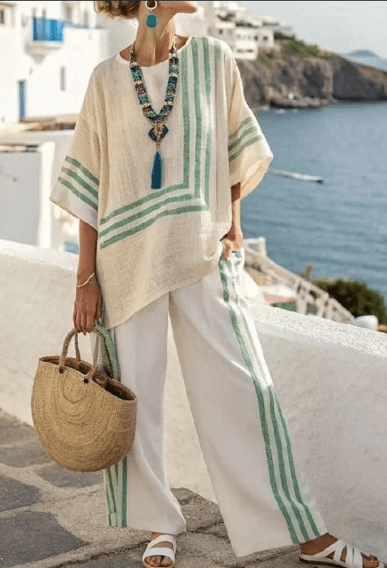 Summer Striped Suits Loose Batwing Sleeve T-shirt And Solid Straight-leg Pants