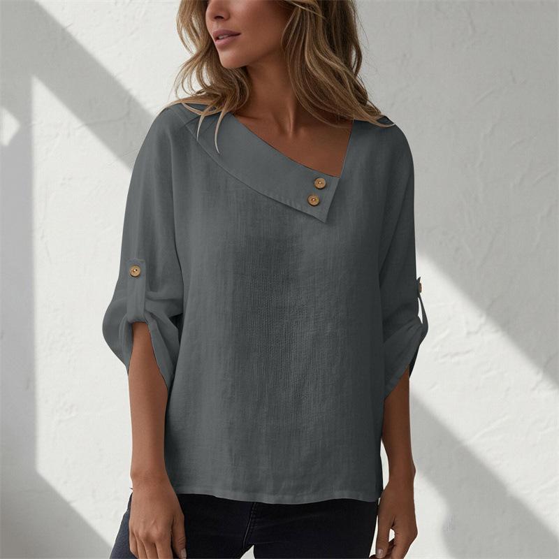 Casual Relaxed-fit Solid-color Asymmetric Top With Buttons