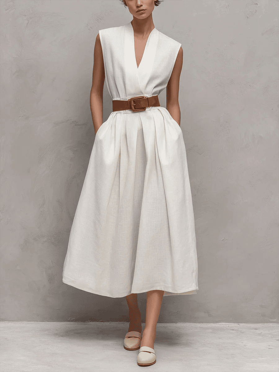 Women's Sleeveless V Neck Pleated A Line Midi Dress