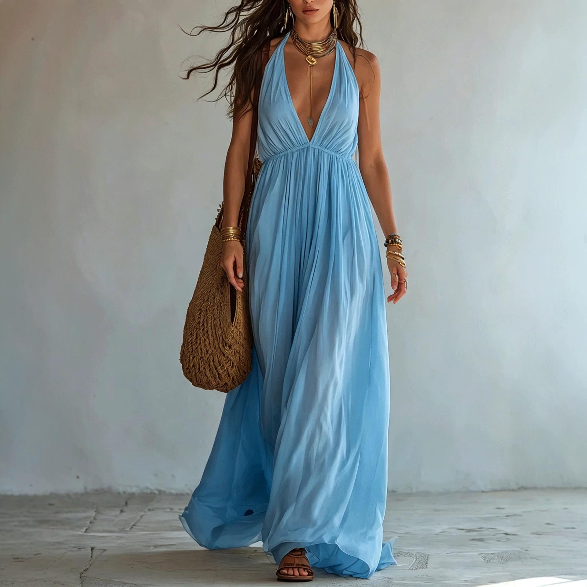 Deep V-neck Halter Backless Dress For Women