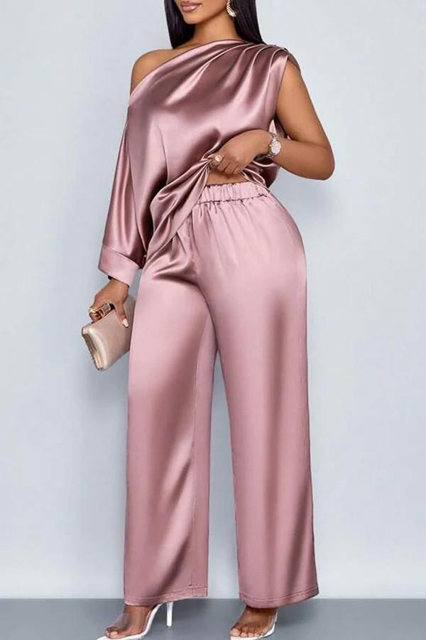 Long-sleeved Suit Off-shoulder Pullover Shirt Top And Loose Straight-leg Trousers Women's Clothing