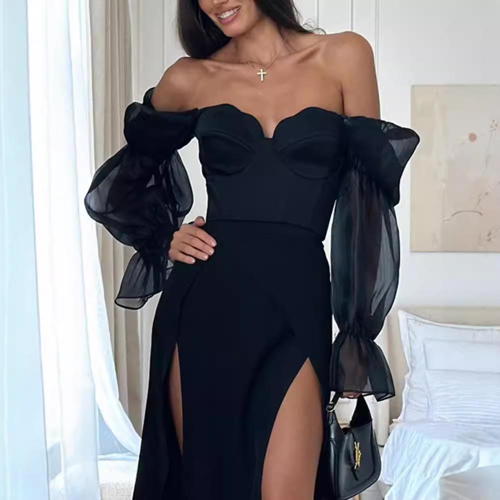 Women's Sexy Off-the-shoulder Tube Top Mesh Lantern Sleeve Slim Fit Slit Dress