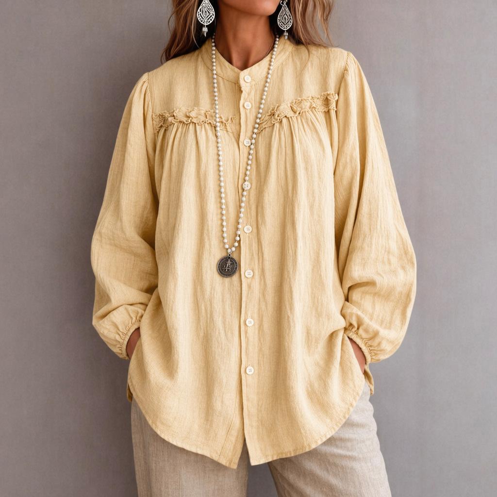Embroidered Hollow-out Crew-neck Loose-fitting Versatile Long-sleeve Shirt