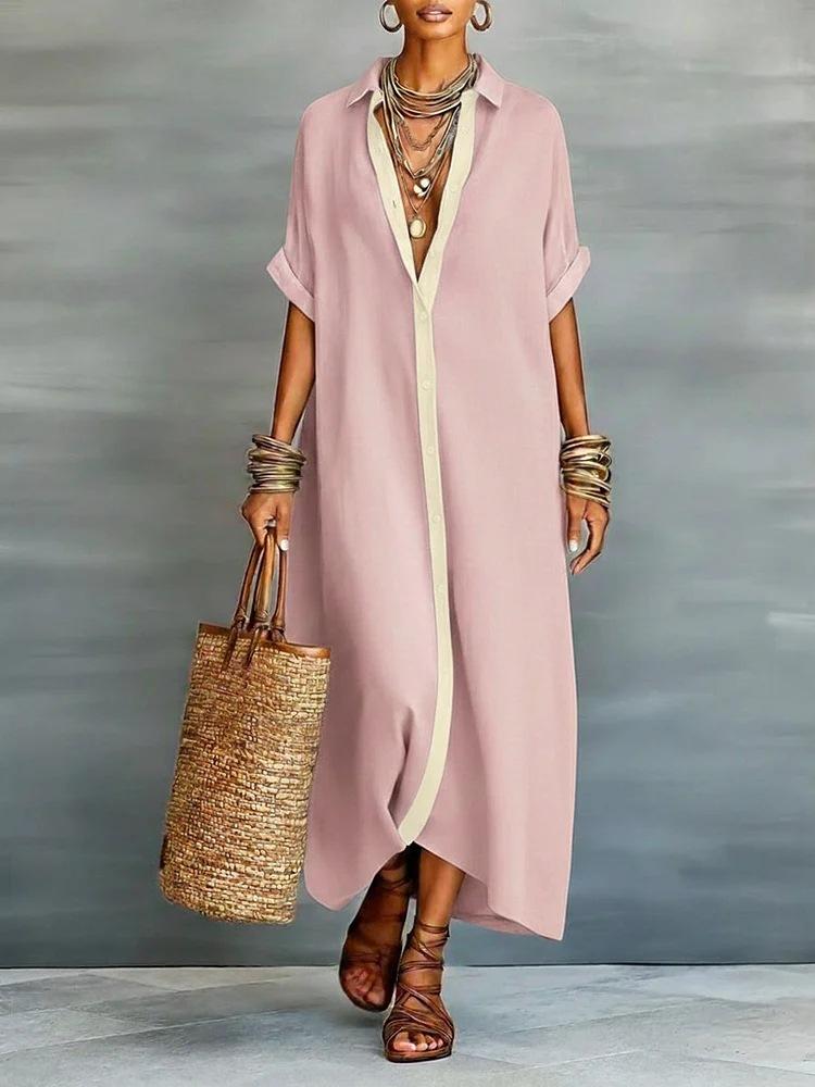 Women's Oversized Shirt Dress, Contrast Trim Rolled Sleeve Button Down Maxi Dress For Spring Summer