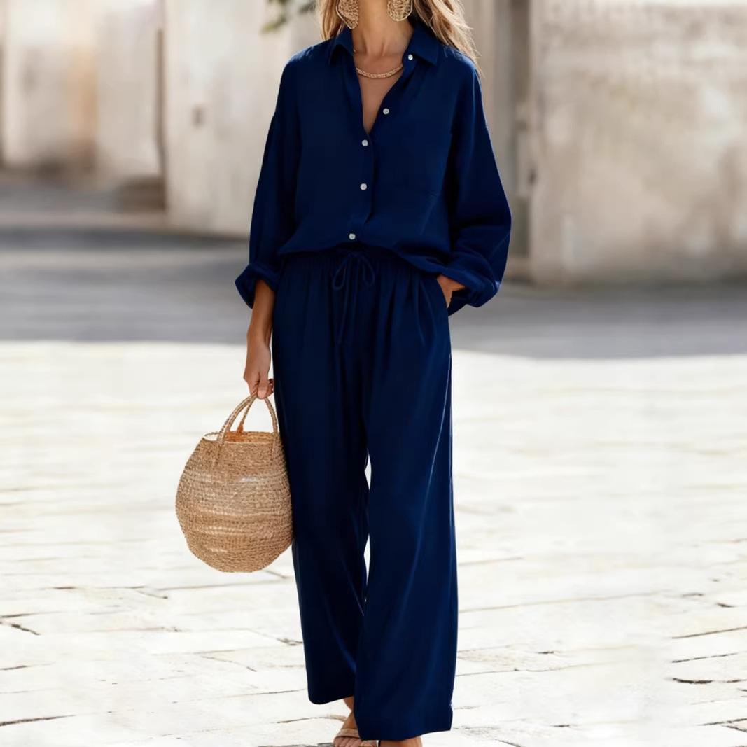 Womens Solid-Color Cotton-Linen Loose-Fit Set