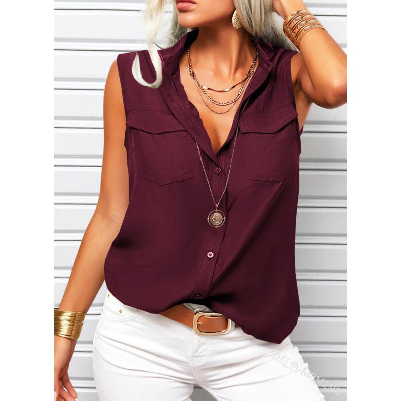 Solid-color Lapel-collar Loose-fit Sleeveless Top With Pockets